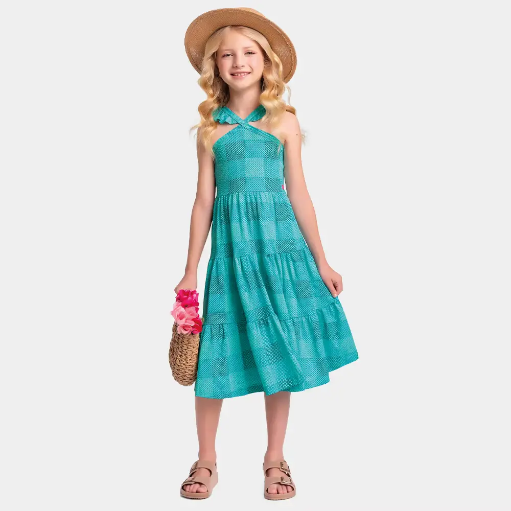 Vestido midi xadrez decote halter