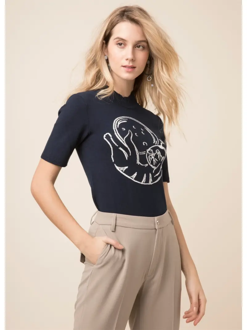 Blusa Estampa Gatinho Dark Navy