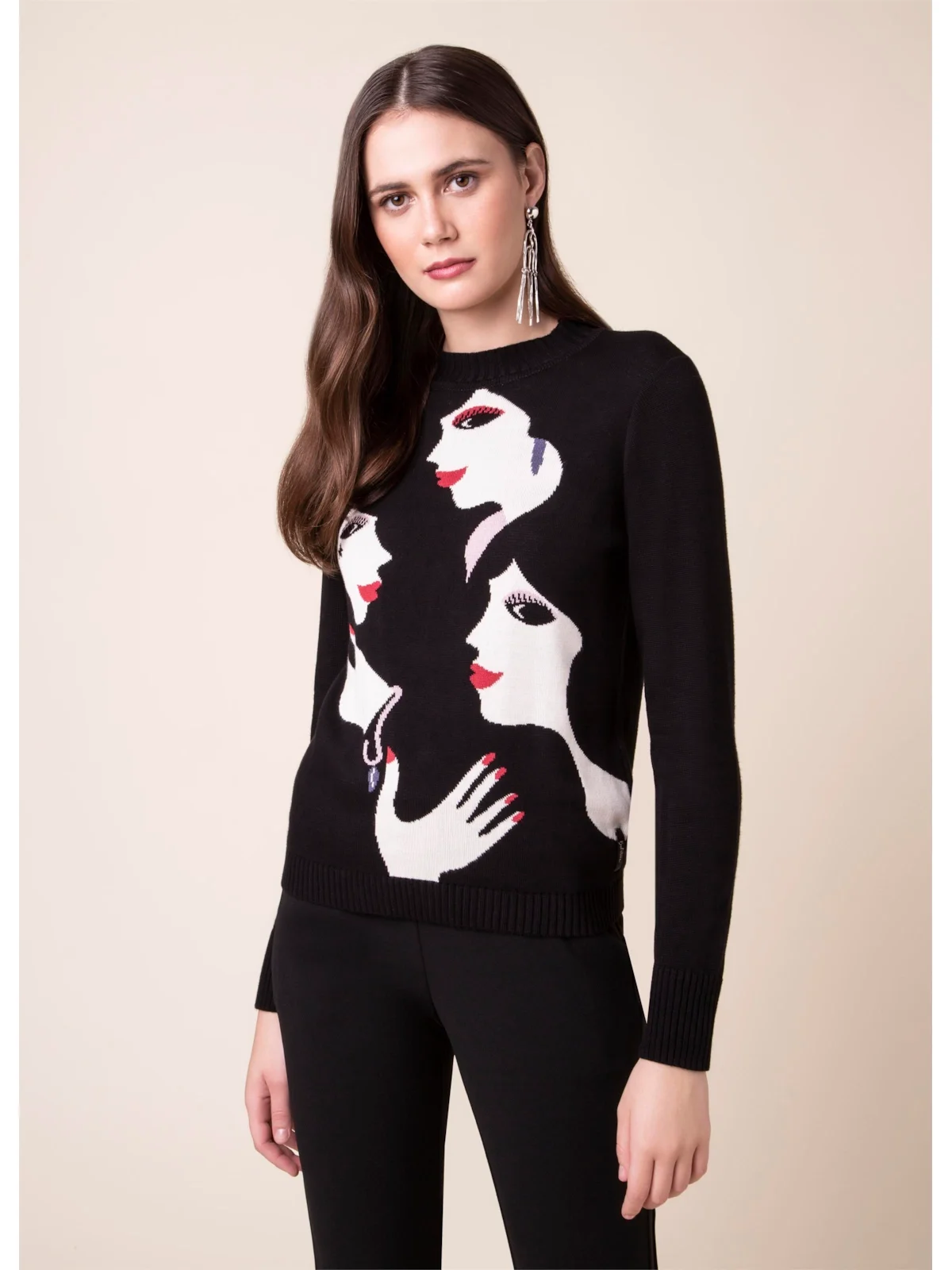 Tricot Jacquard Faces Preto — imagem 1