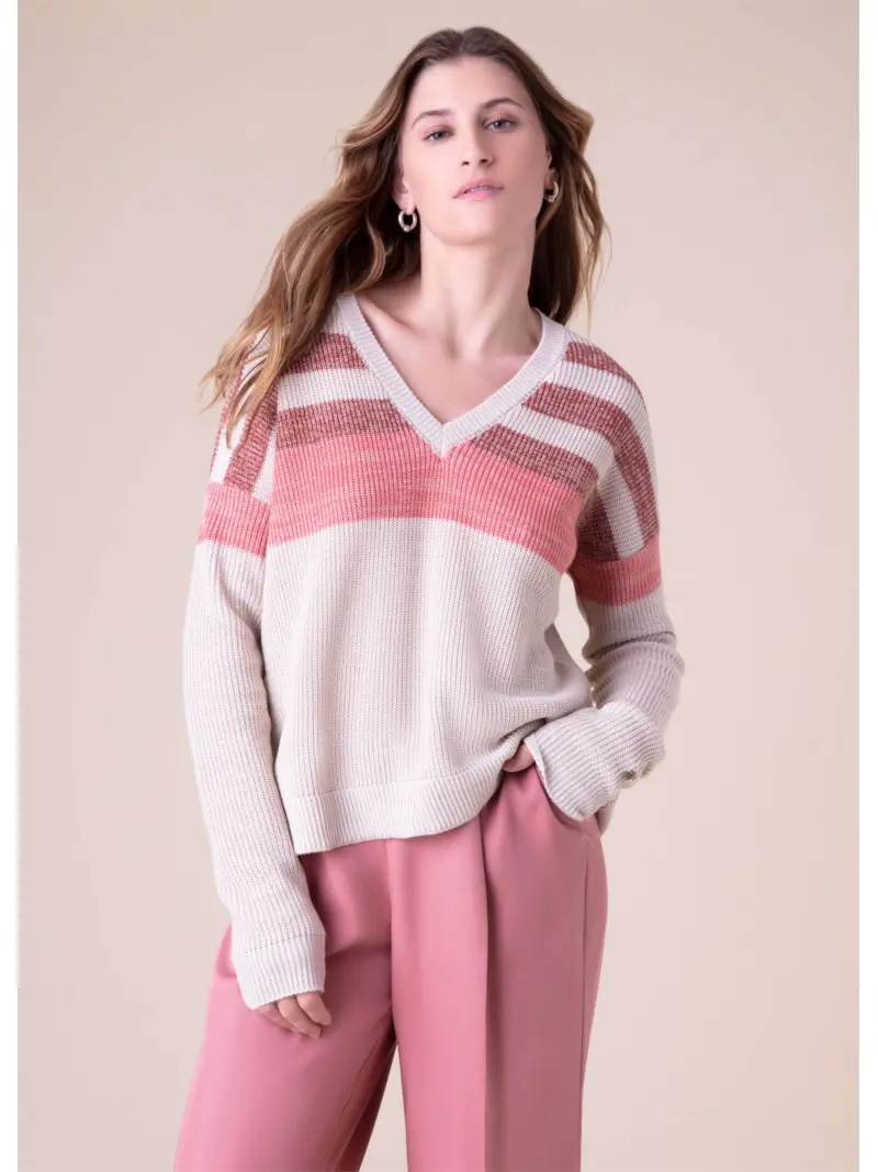 Tricot Listrado Decote v Natural
