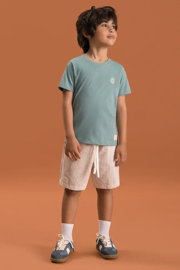 Conjunto Infantil Sustentável Camiseta Estampada em Algodão e Bermuda Eco Texturizada
