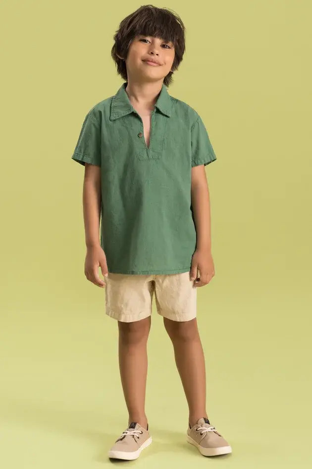 Conjunto Infantil Camisa de Algodão e Bermuda de Sarja Leve