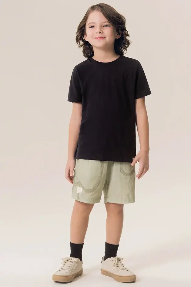 Conjunto Infantil Camiseta Regular em Malha e Bermuda de Tricoline Estampada Comer Bem