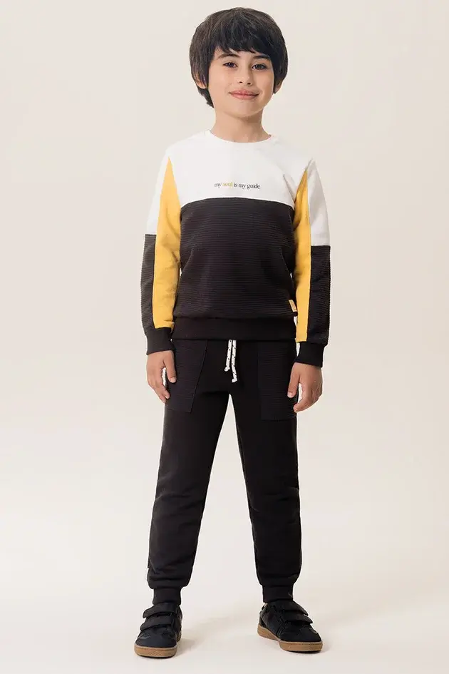 Conjunto Infantil Masculino Casaco e Calça em Moletom Texturizado com Recortes