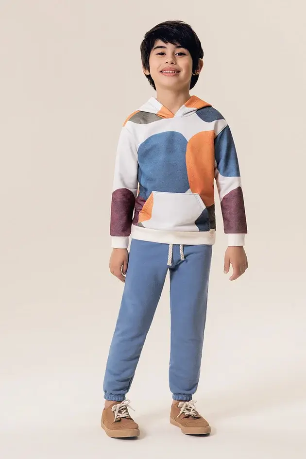 Conjunto Infantil Casaco Moletom Estampado Cores e Calça Balloon em Moletom