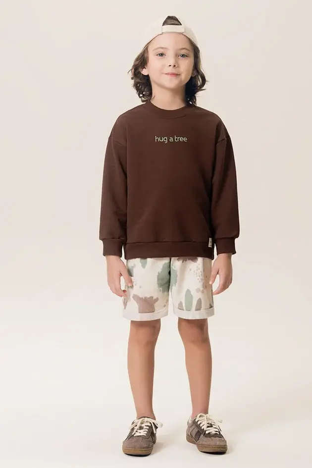 Conjunto Infantil Casaco Moletom e Bermuda Eco Abrace Uma Árvore