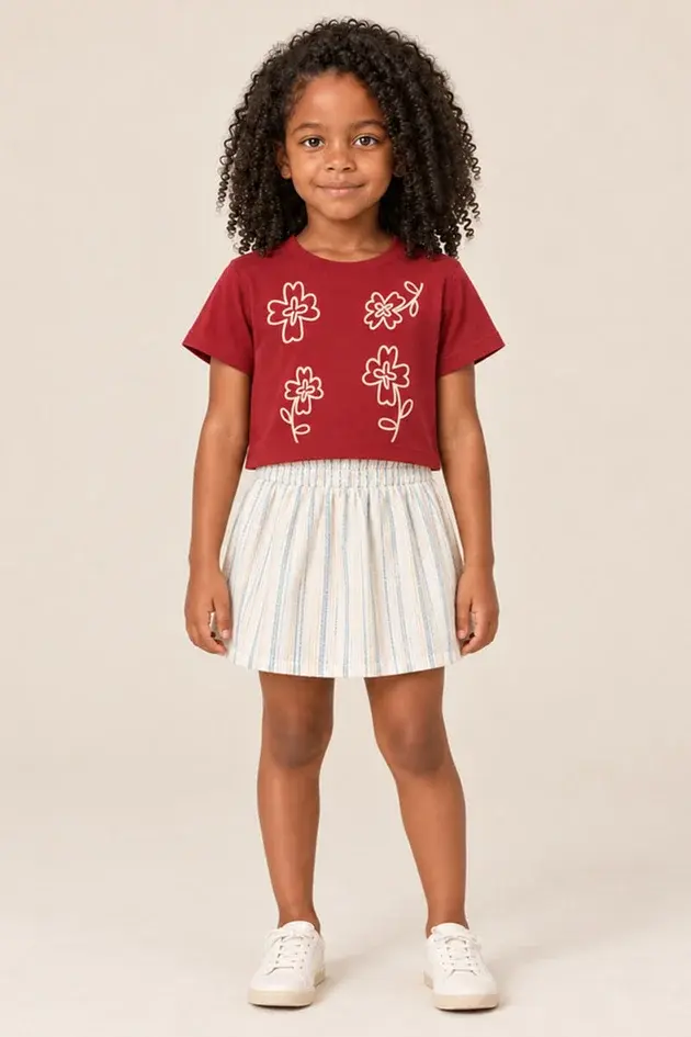 Conjunto Infantil Blusa em Malha e Saia em Tecido
