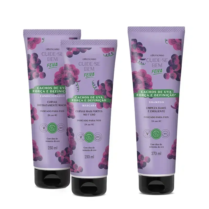 Combo Cuide-se bem Cachos de Uva: Shampoo 270ml + Máscara Capilar 250ml +Condicionador 250ml