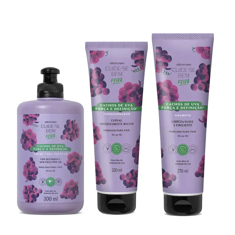 Combo Cuide-se bem Cachos de Uva: Shampoo 270ml + Condicionador 250ml +Creme Para Pentear 300ml