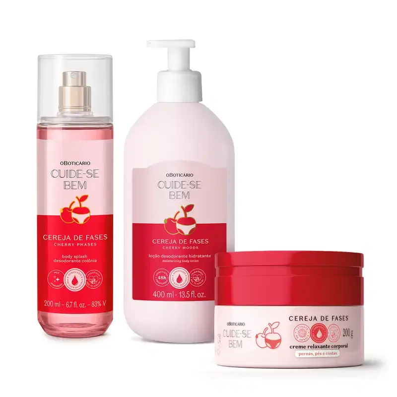 Combo Cuide-se bem Cereja De Fases: Body Splash 200ml + Creme Relaxante Corporal 200g + Loção Corporal 400ml