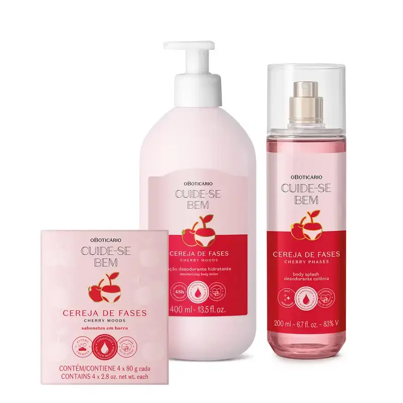 Combo Cuide-se bem Cereja De Fases: Sabonetes Em Barra 4x80g + Loção Corporal 400ml + Body Splash 200ml