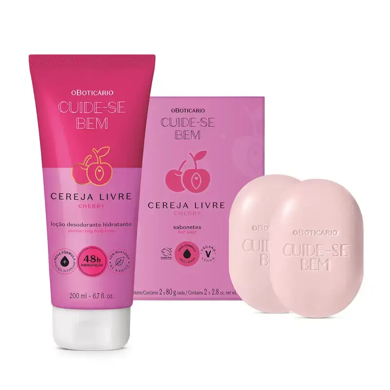 Combo Cuide-se bem Cereja Livre: Loção Corporal 200ml + Sabonetes Em Barra 2x80g