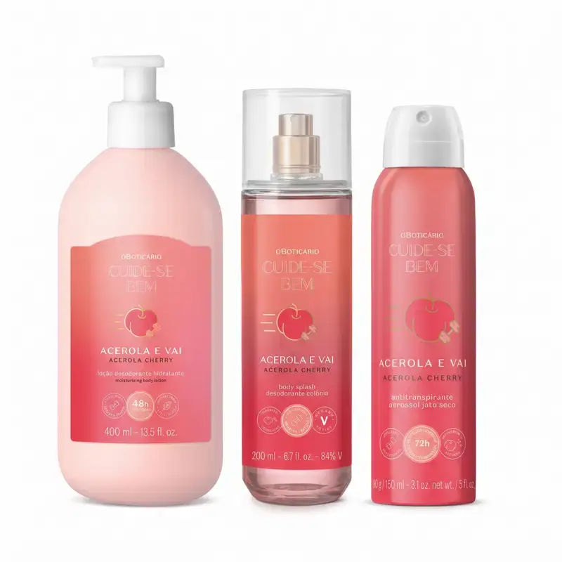Combo Cuide-se bem Acerola e Vai: Loção Relaxante Corporal 400ml + Body Splash 200ml + Desodorante Antitranspirante Aerossol 150ml