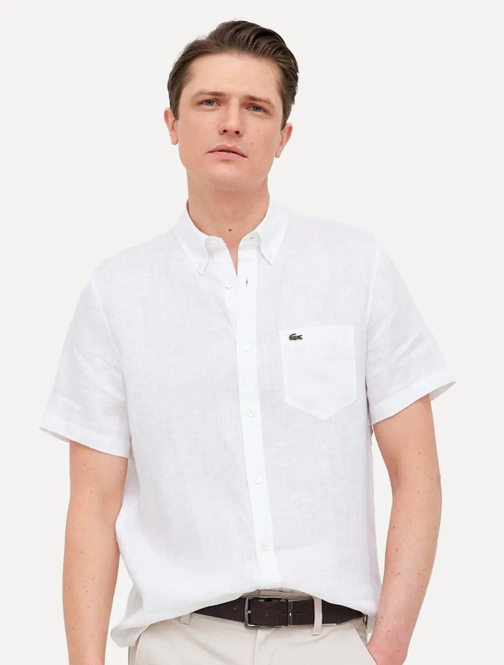 Camisa Lacoste Masculina Manga Curta Regular Linho Branca