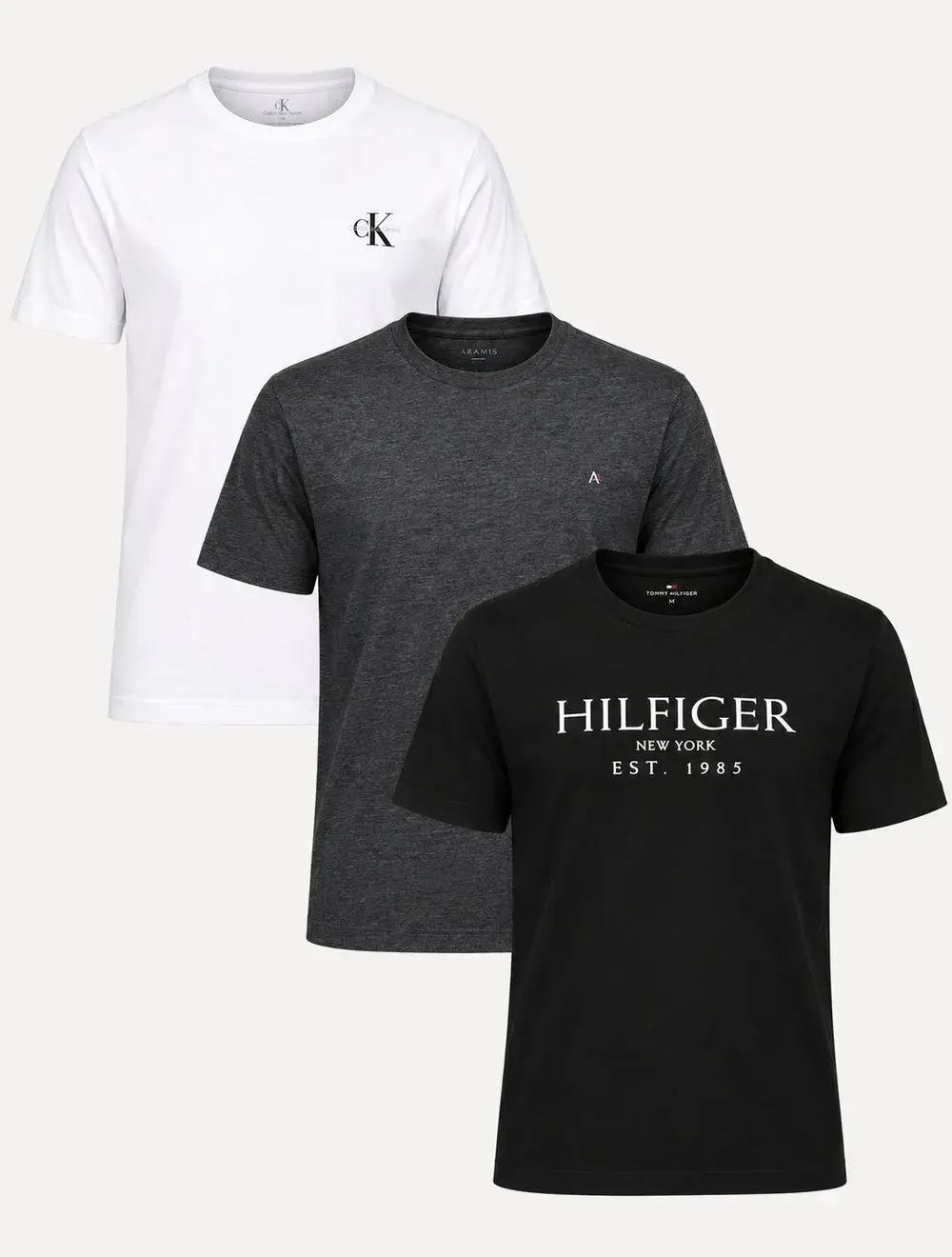 Kit Camisetas Calvin Klein / Aramis / Tommy Hilfiger | Branca / Grafite Mescla / Preta