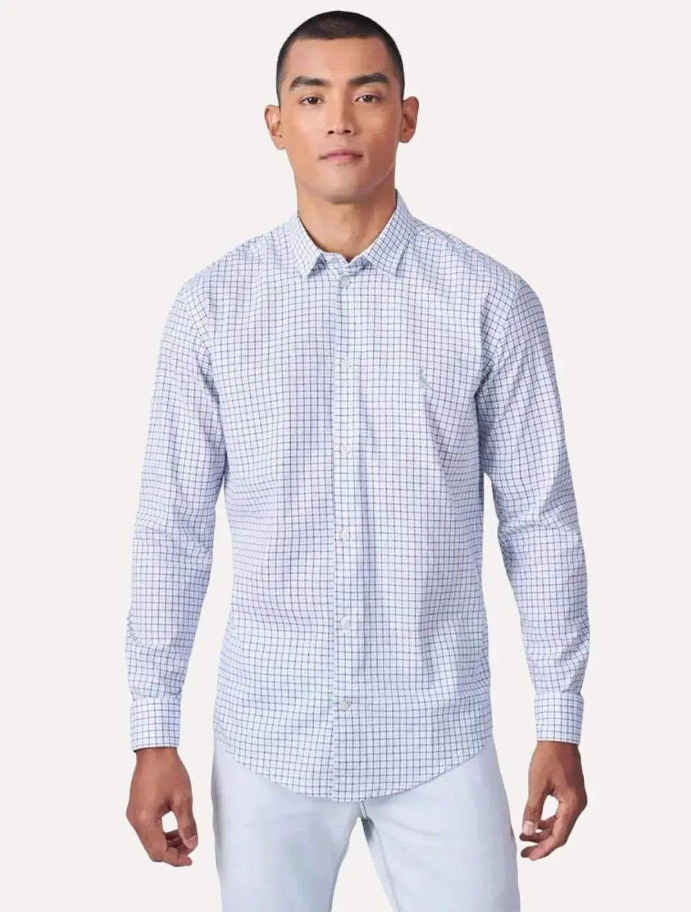 Camisa Reserva Masculina Office Enxuto Grid Duplo Dust Azul