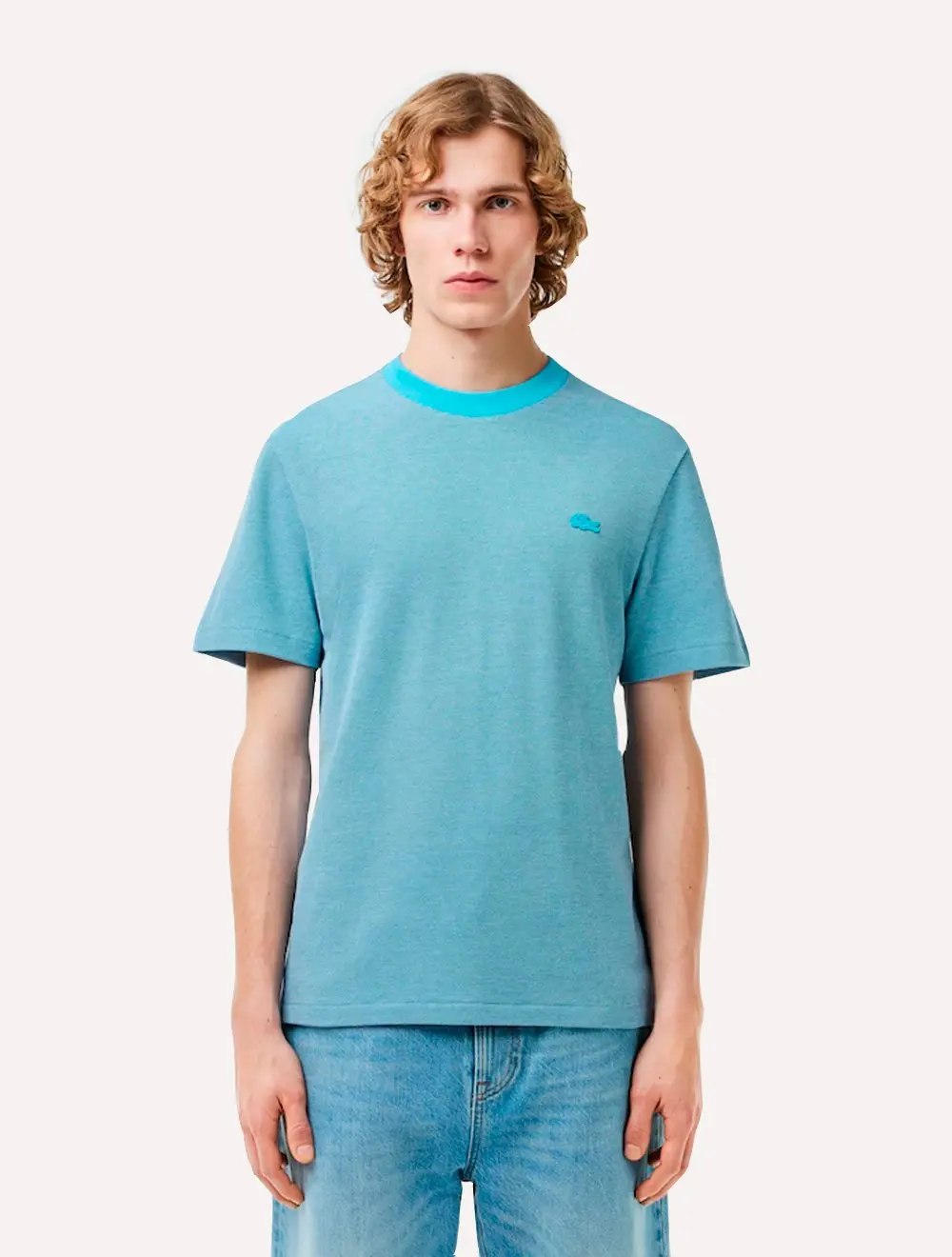 Camiseta Lacoste Masculina Caviar Texture Contrast Neck Azul Mescla