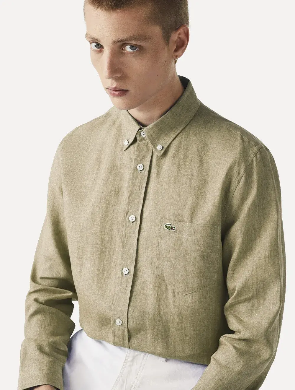 Camisa Lacoste Masculina Regular Clássica Pocket Linho Cáqui