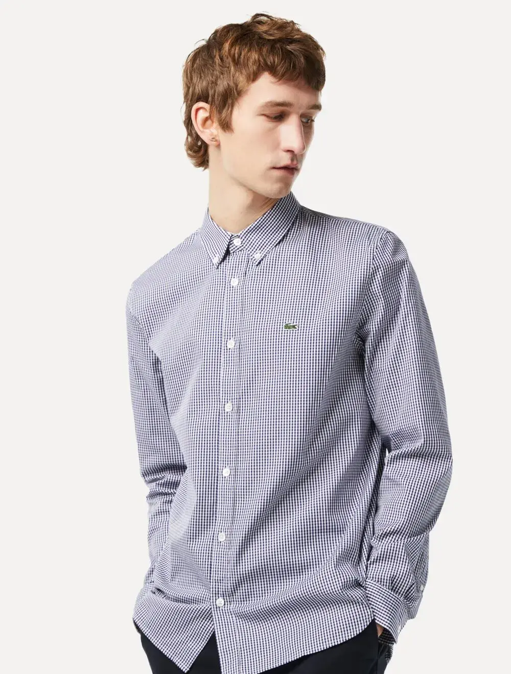 Camisa Lacoste Masculina Regular Casual Cotton Xadrez Marinho / Branca