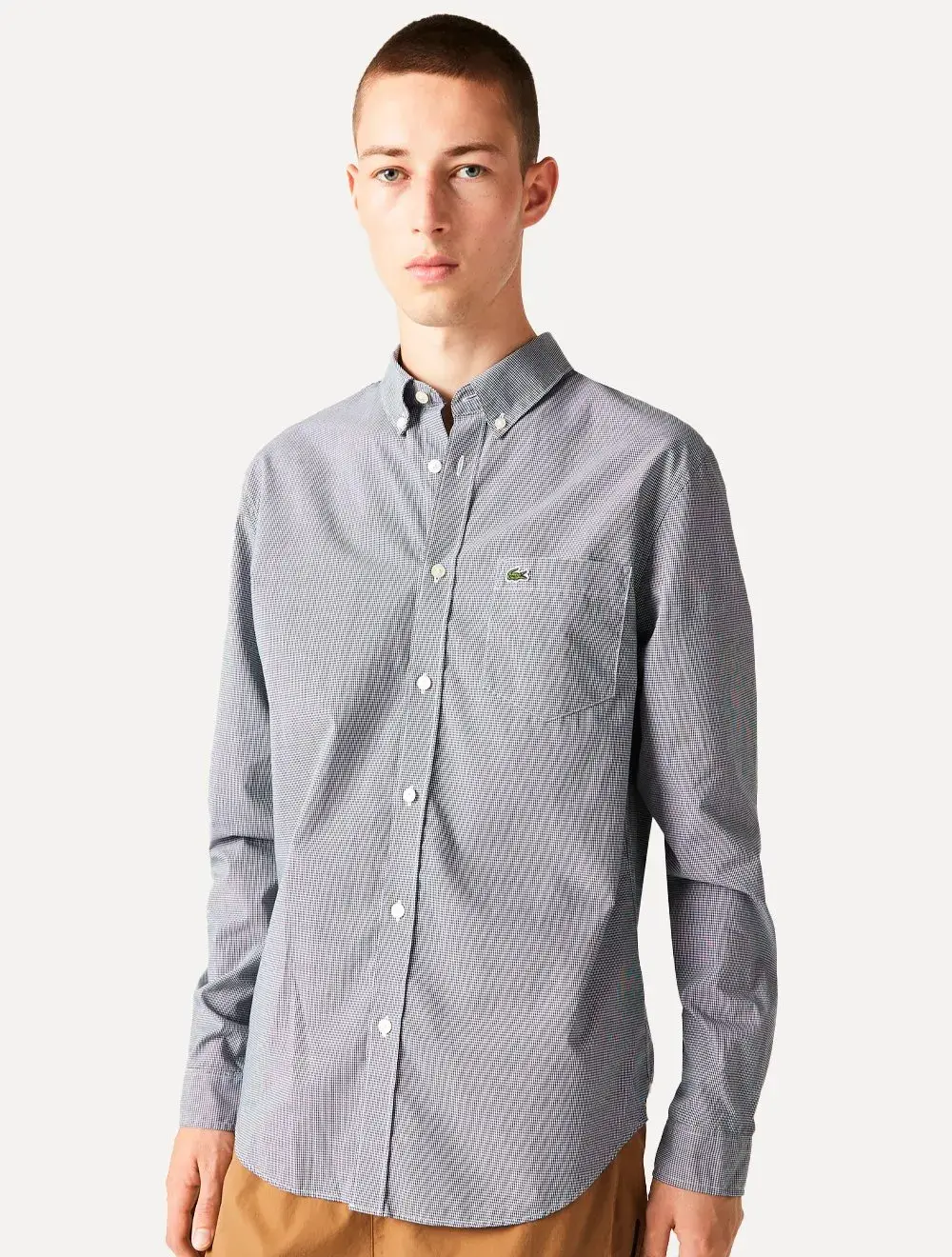 Camisa Lacoste Masculina Cotton Poplin Grid Branco / Azul Marinho