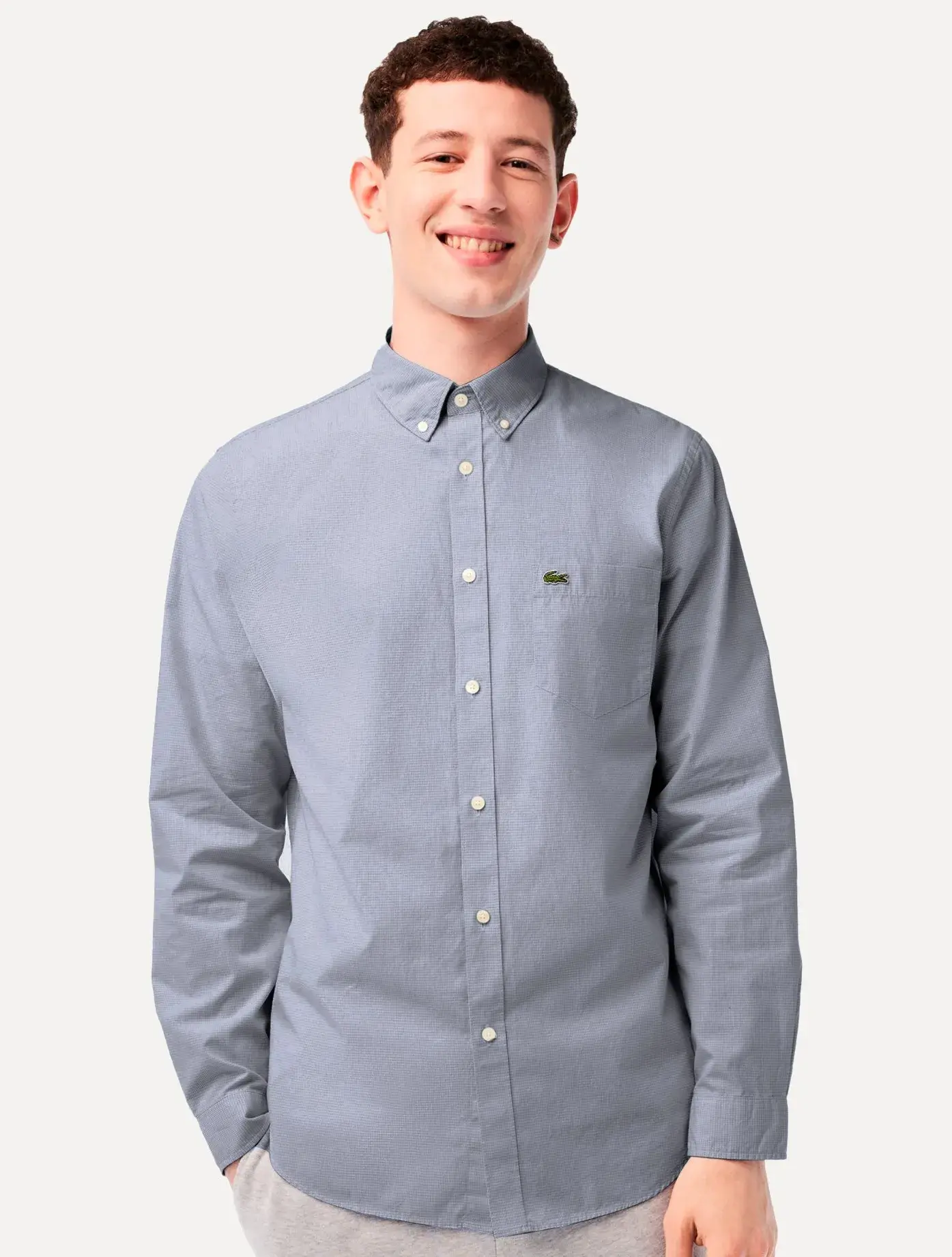 Camisa Lacoste Masculina Cotton Poplin Grid Branco / Azul