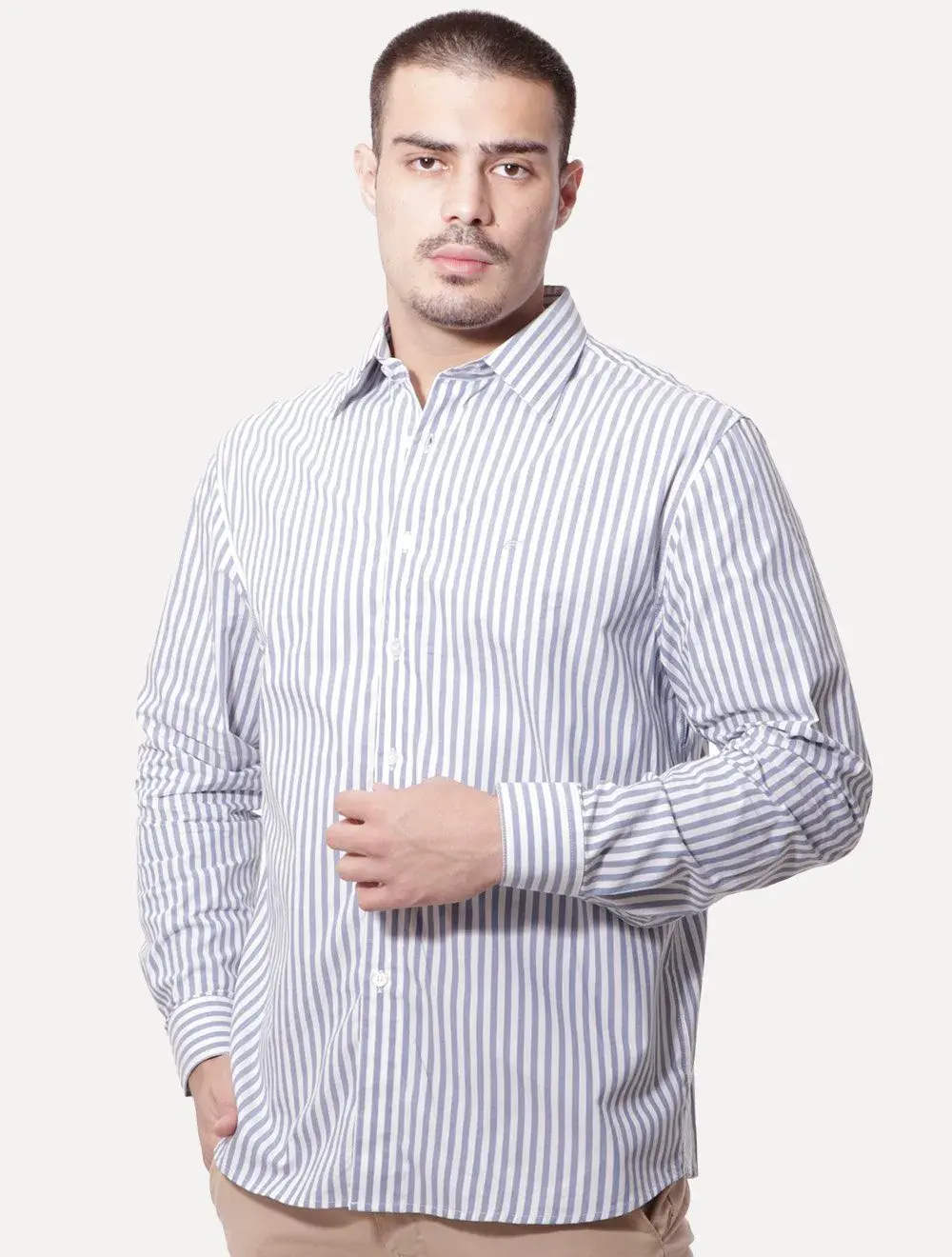 Camisa Ellus Masculina Tricoline Dash Stripe Classic Italian Branca / Azul