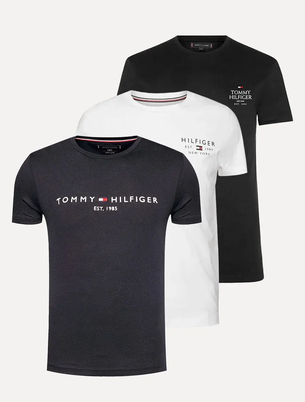Kit Camisetas Tommy Hilfiger | Masculina Core / Stack / Small Logo Azul Marinho / Preta / Branca