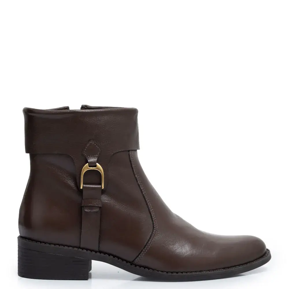 Bota Ankle Boot Couro Café Fivela