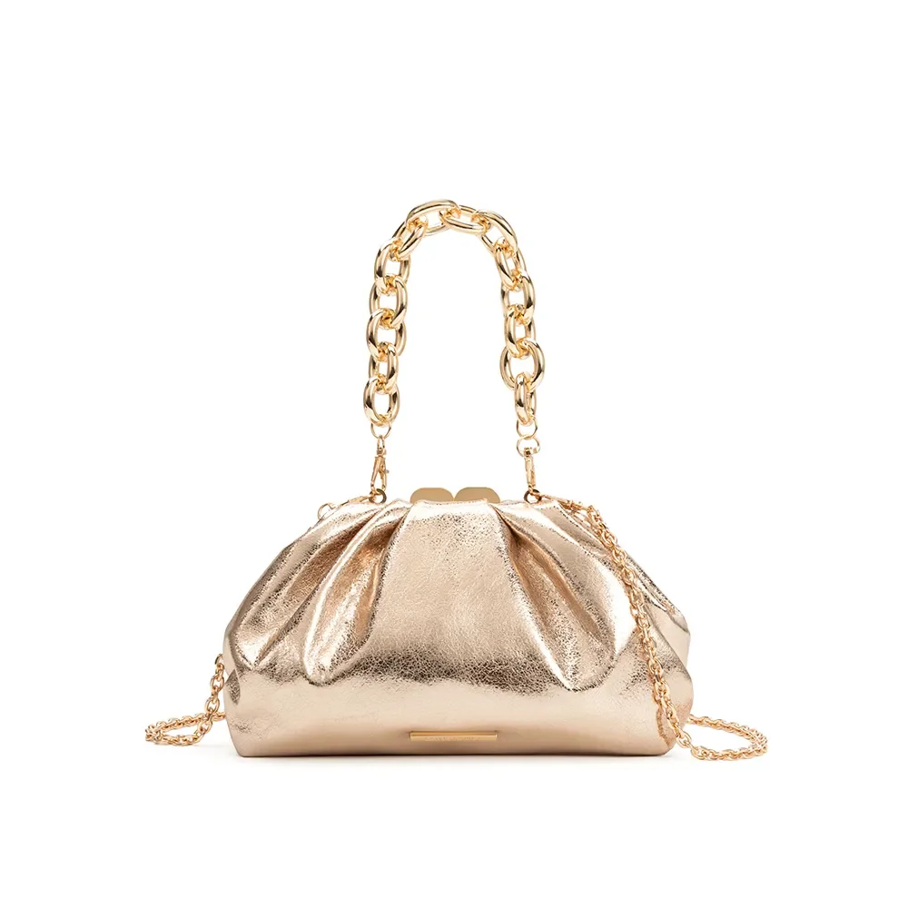 Bolsa Clutch Dourada Craquele Corrente Pequena — imagem 1