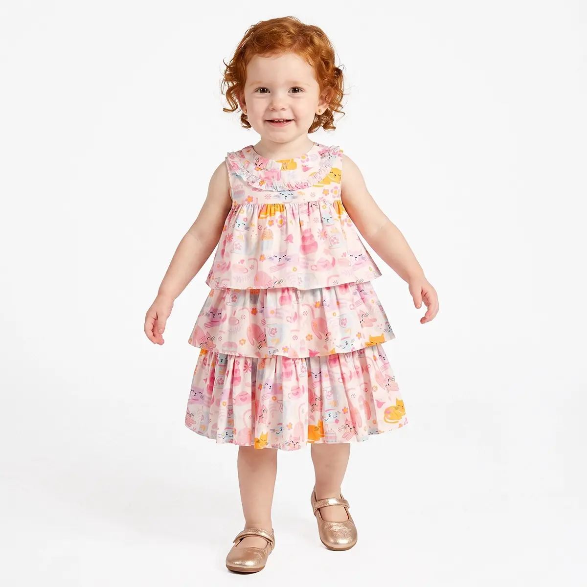 Vestido Toddler Gatinha Tricoline Estampado Tip Top