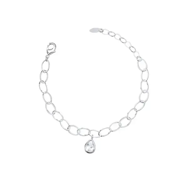 Pulseira Prata Leve Elos Grandes e Gota em Zircônia