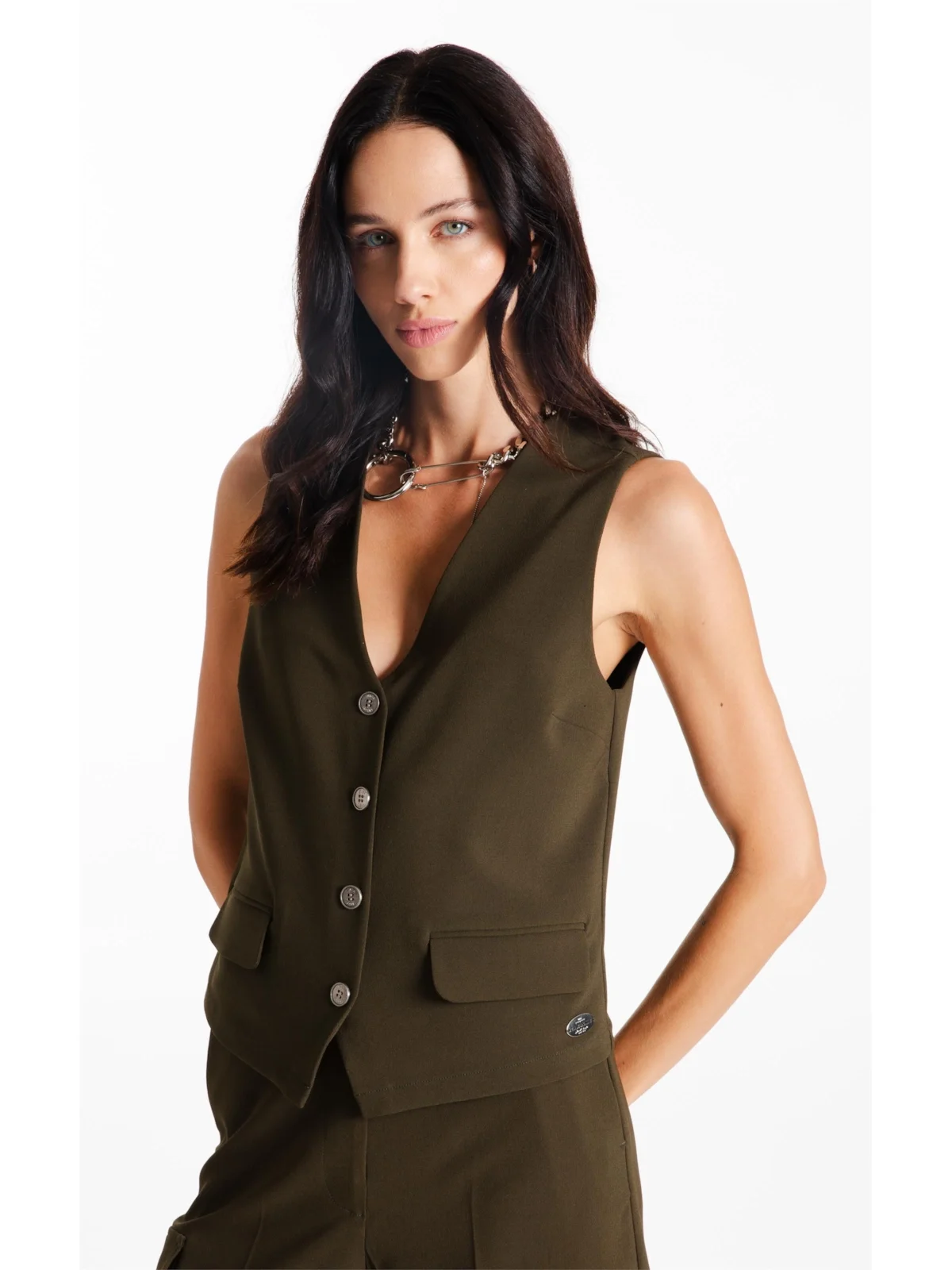 Colete Crepe Way Piped Pocket Musgo — imagem 1