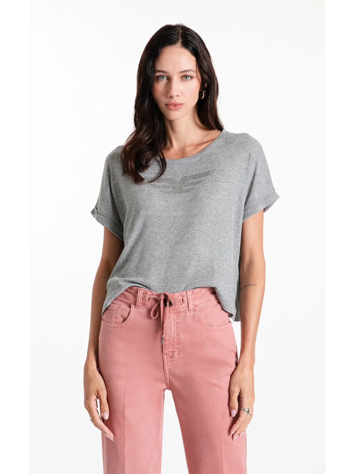 Blusa Rib Viscose Easa Mirror Hotfix Cinza Mescla — imagem 1