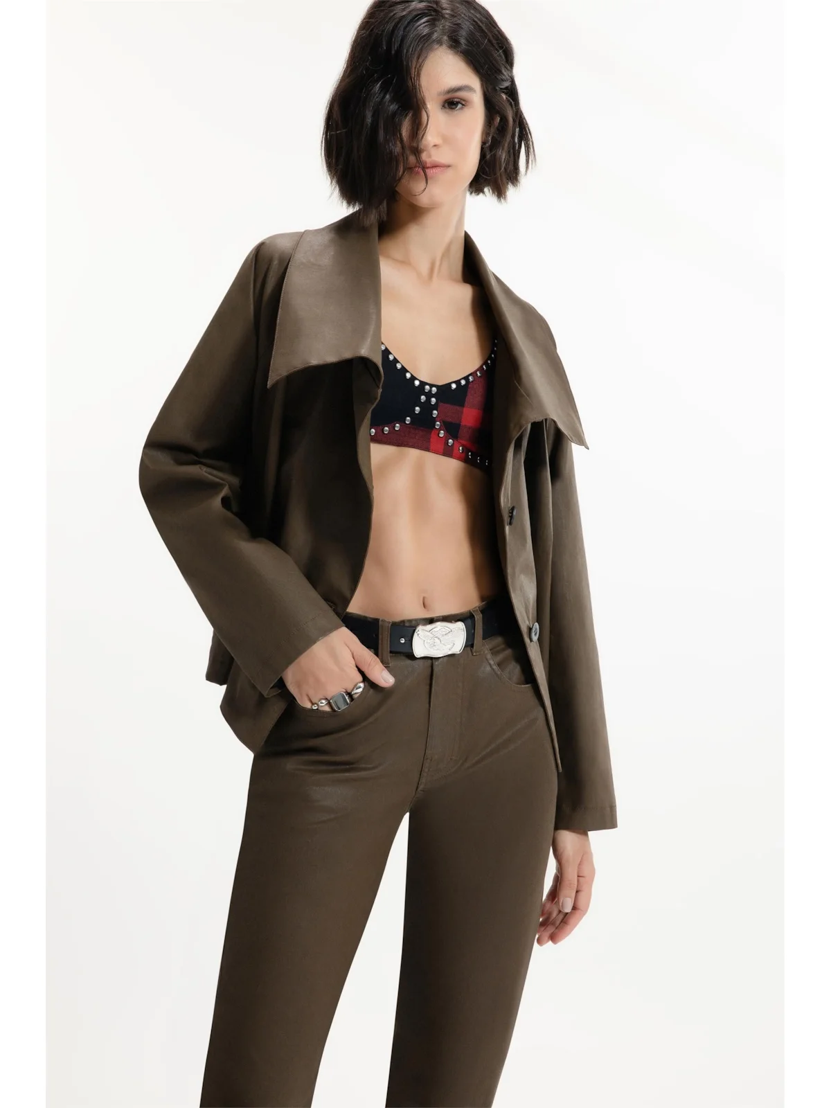 Leather Denim Overcoat Cropped Tabaco — imagem 1