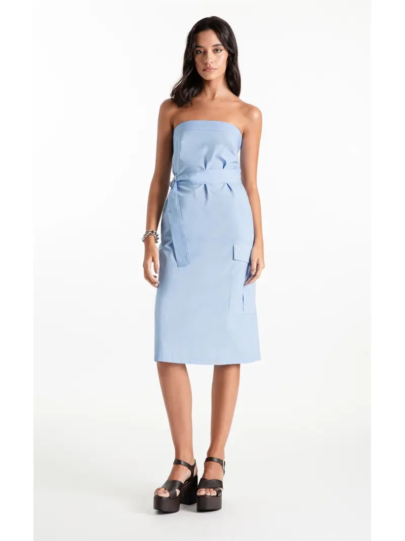 Vestido Tricoline Strapless Knee Azul Claro