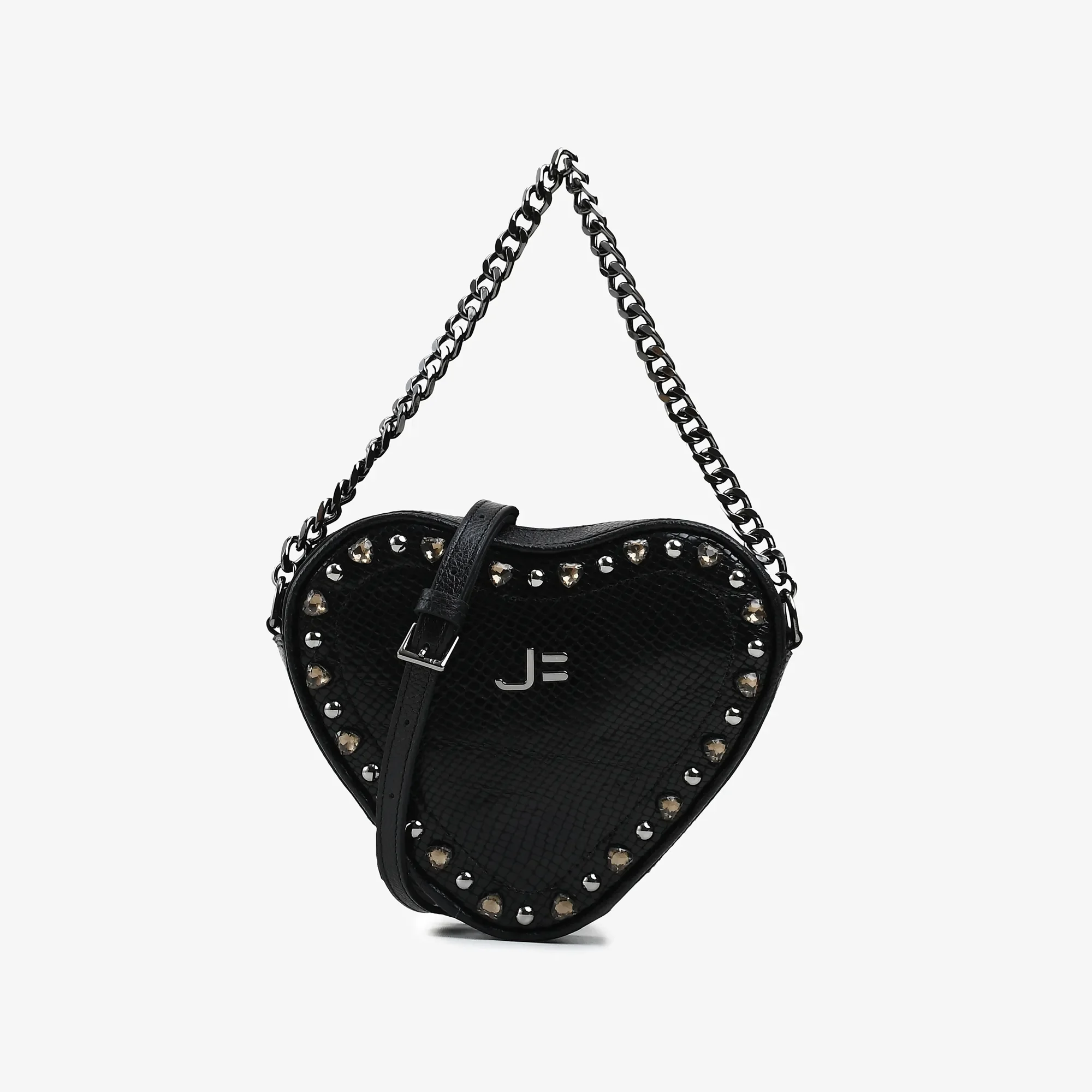 Bolsa Transversal Coração Pedraria Preto Couro — imagem 1