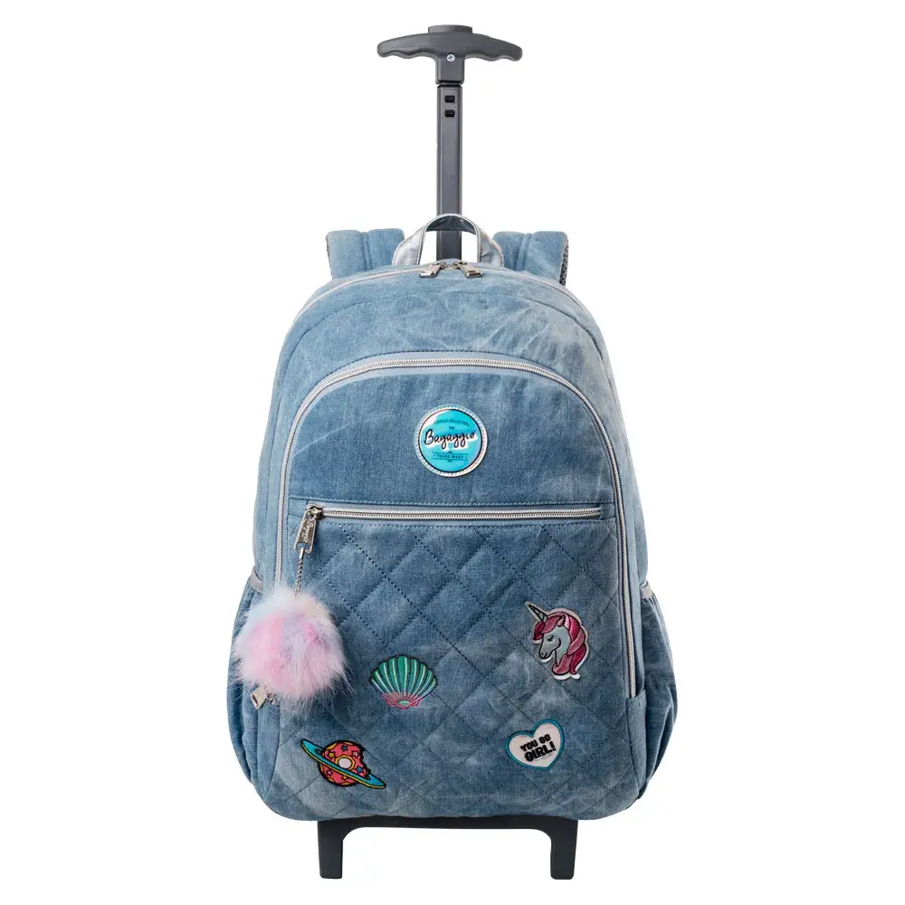 Mochila Escolar Feminina Jeans Patches com Rodinha Azul