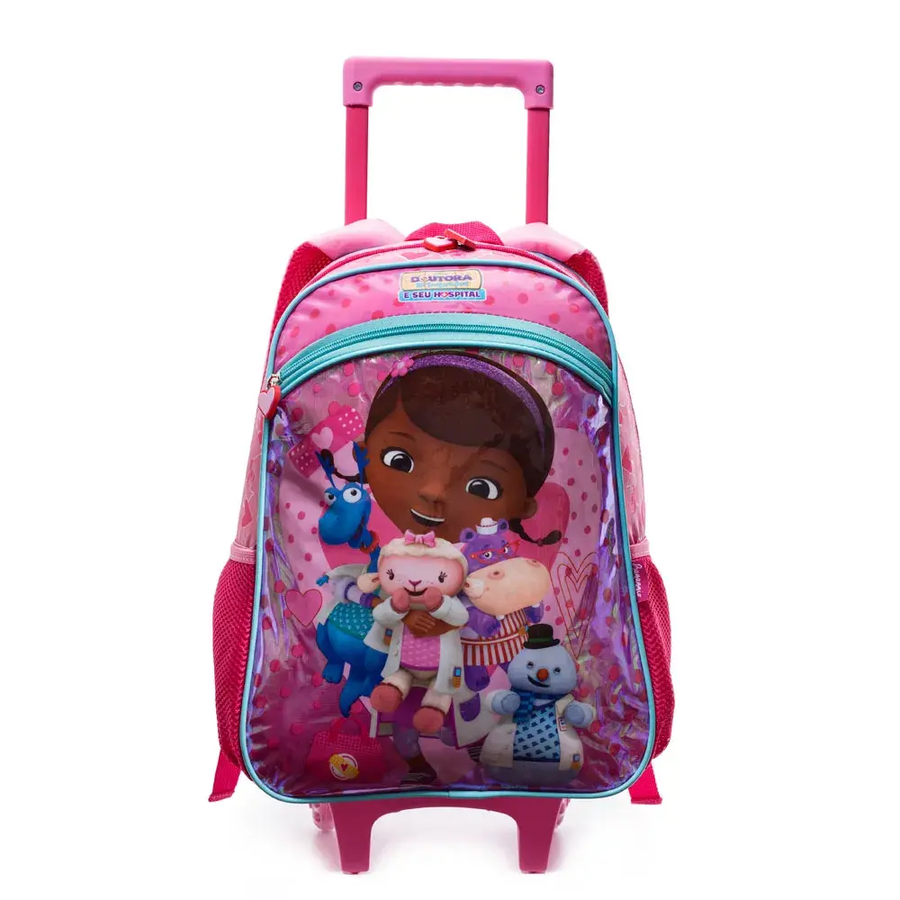 Mochila Escolar Feminina Disney Dra.Brinquedos com Rodinha Rosa