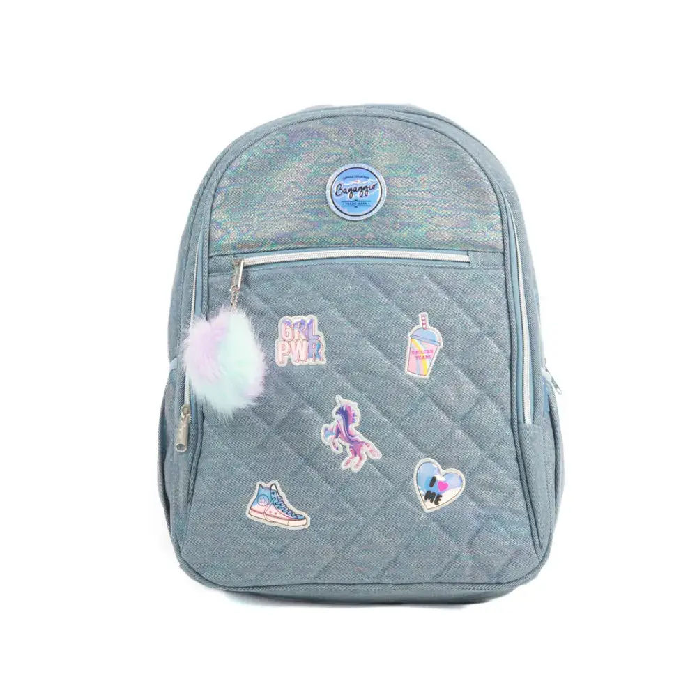 Mochila Escolar Feminina Matelasse Jeans Patches Azul