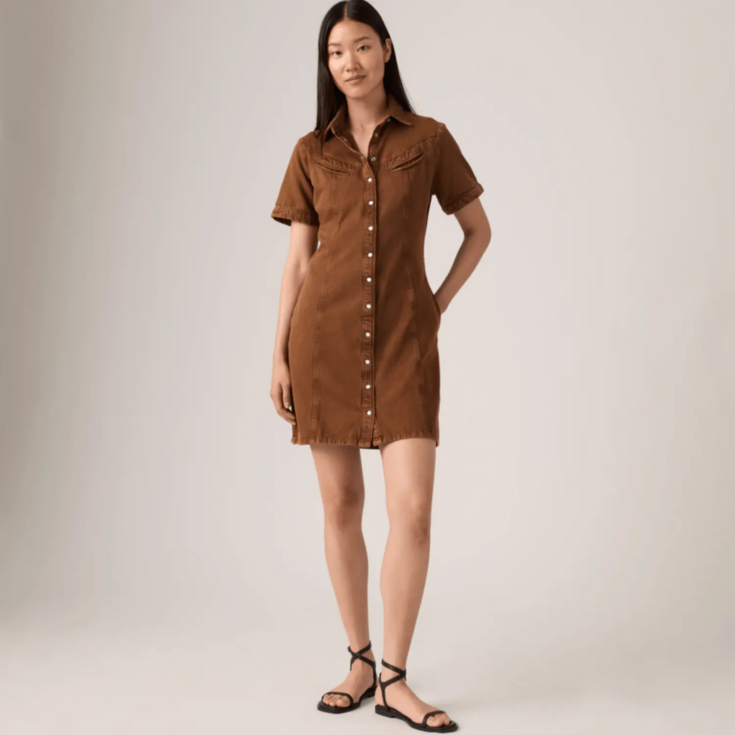 Vestido Jeans Levi's® Rinoa Marrom Manga Curta
