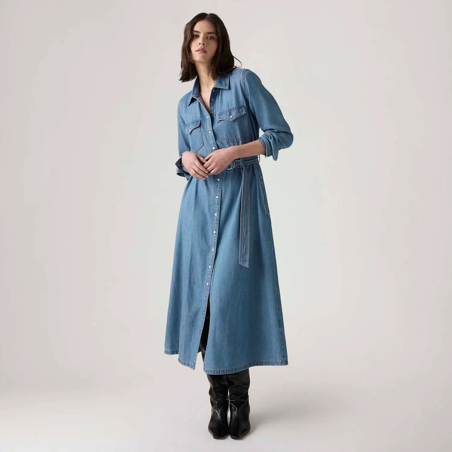 Vestido Jeans Levi's® Quincey Maxi Manga Longa Lavagem Média