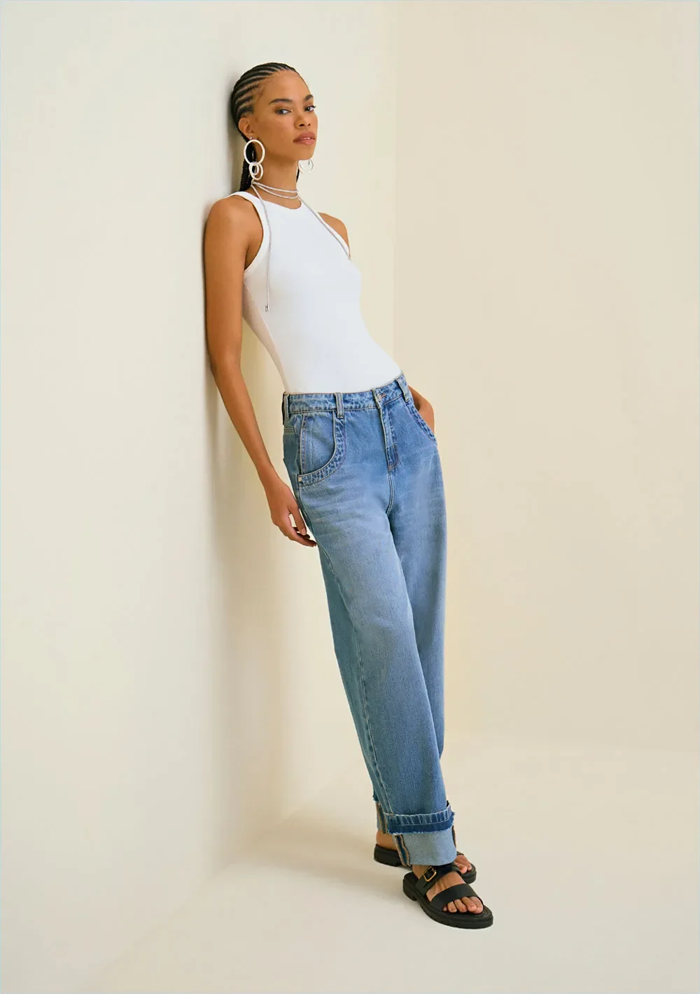 Calça Morena Rosa Cenoura Alta Azul — imagem 1