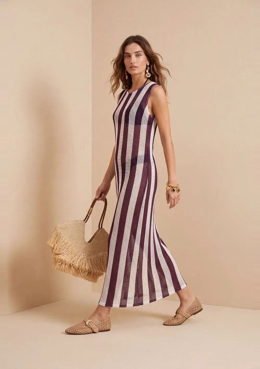 Vestido Morena Rosa Solto Decote Careca Sem Manga Midi Marrom