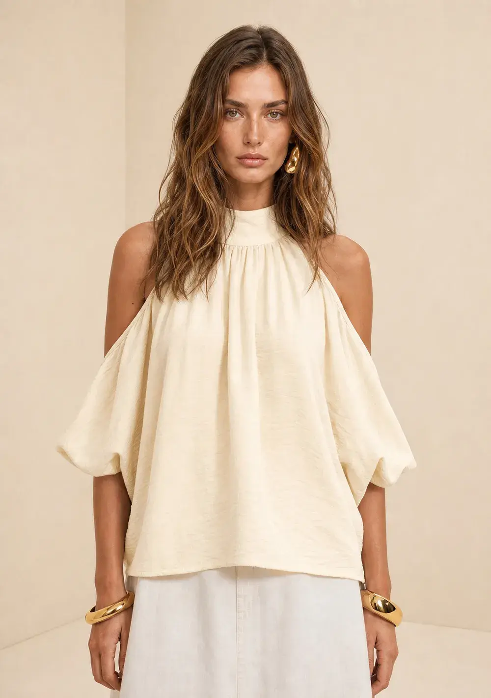 Blusa Gola Alta Flora Bege