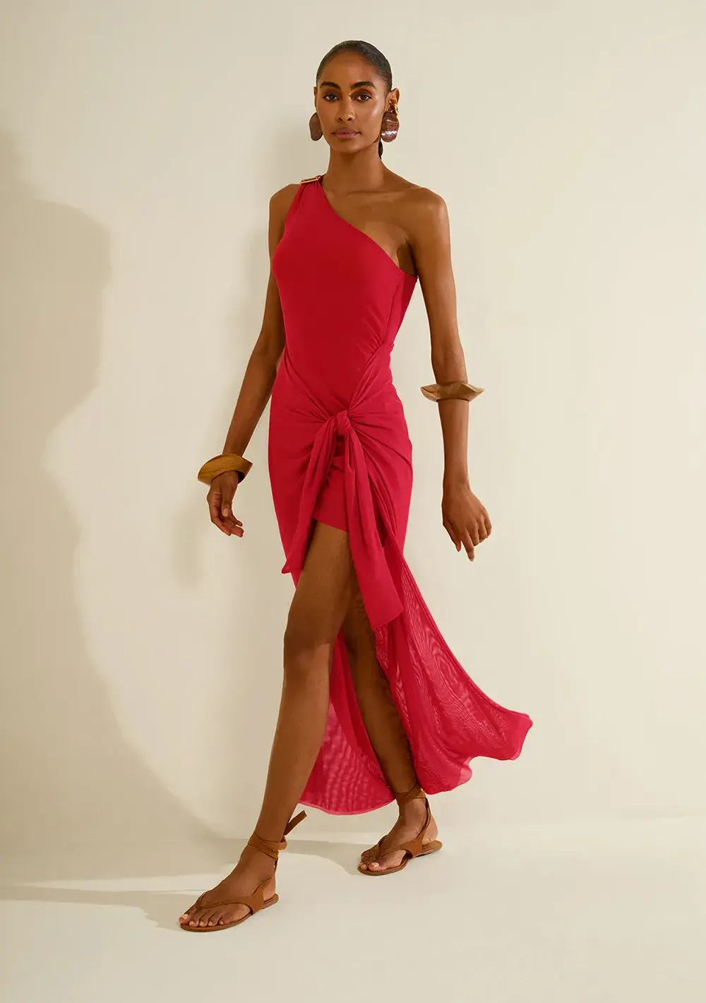 Vestido Morena Rosa Ajustado Um Ombro Só Sem Manga Longo Vermelho