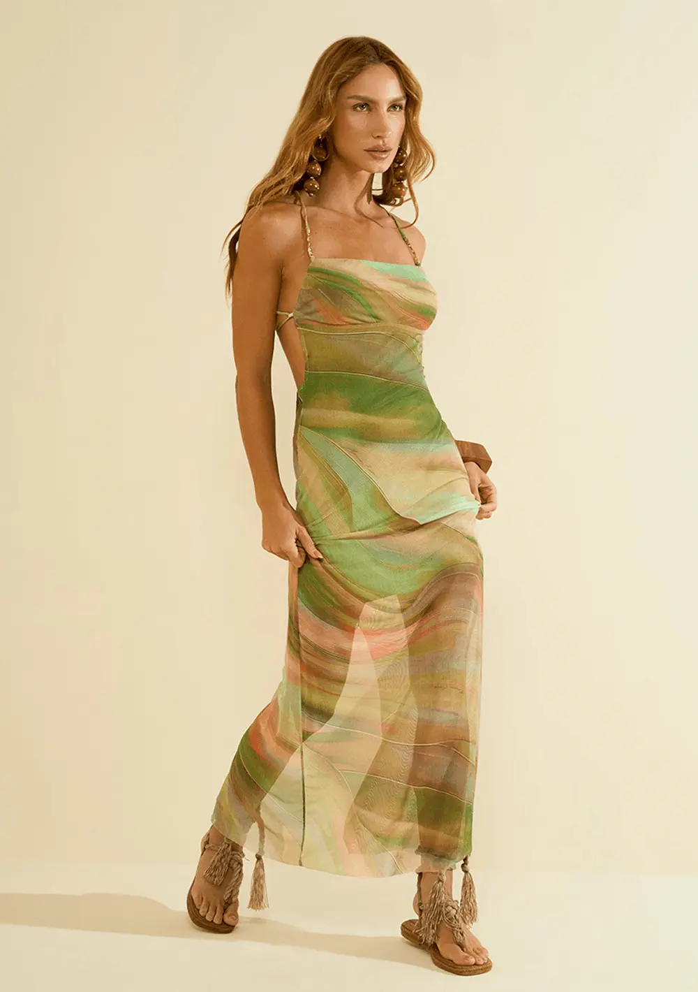 Vestido Morena Rosa Ajustado Decote Costas Sem Manga Longo Verde
