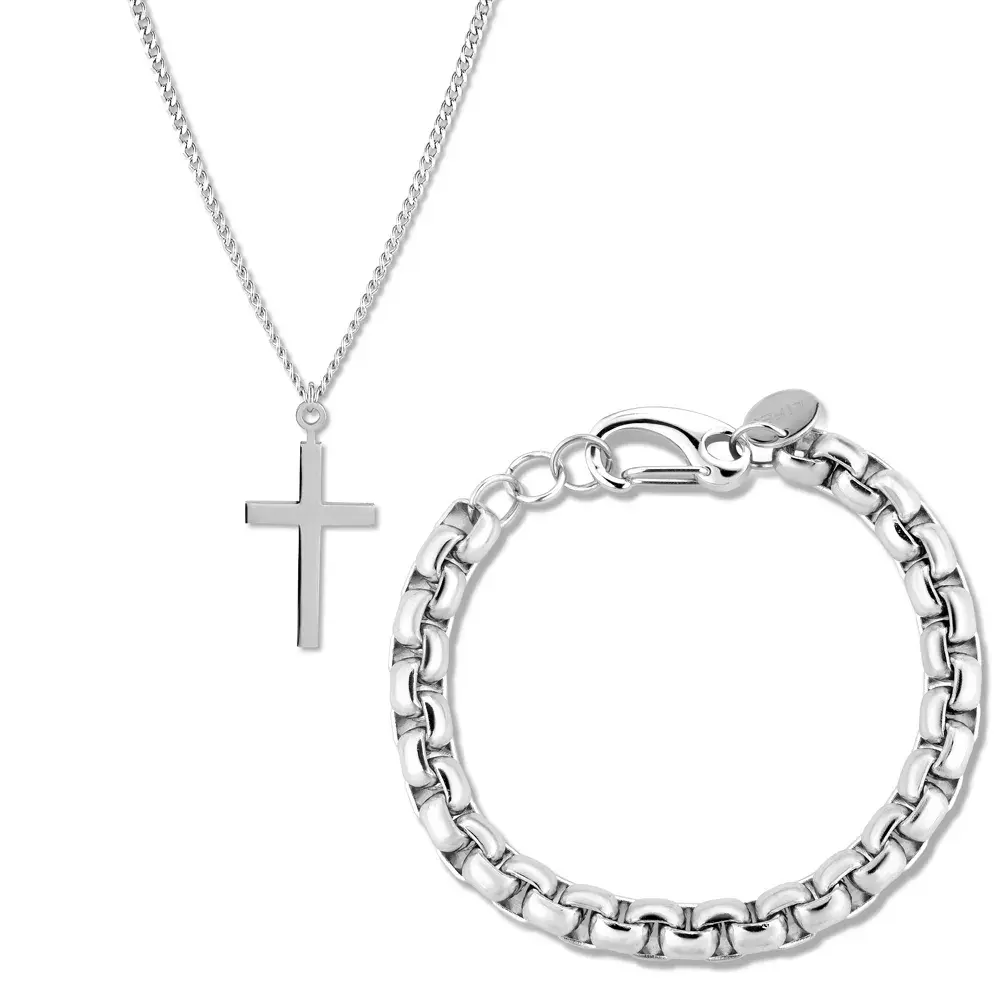 Kit Life Masculino Pulseira Aço e Colar Cruz