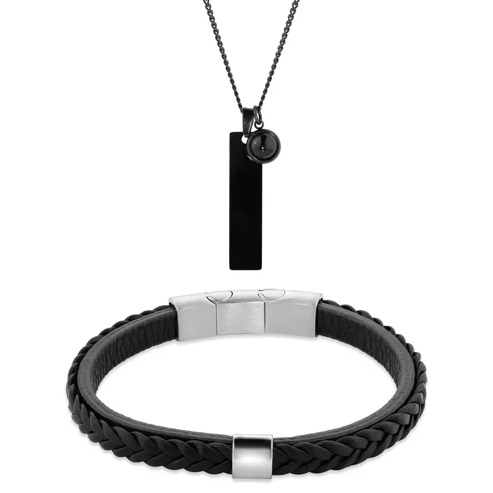 Kit Life Masculino Pulseira Couro Trançado e Colar Placa
