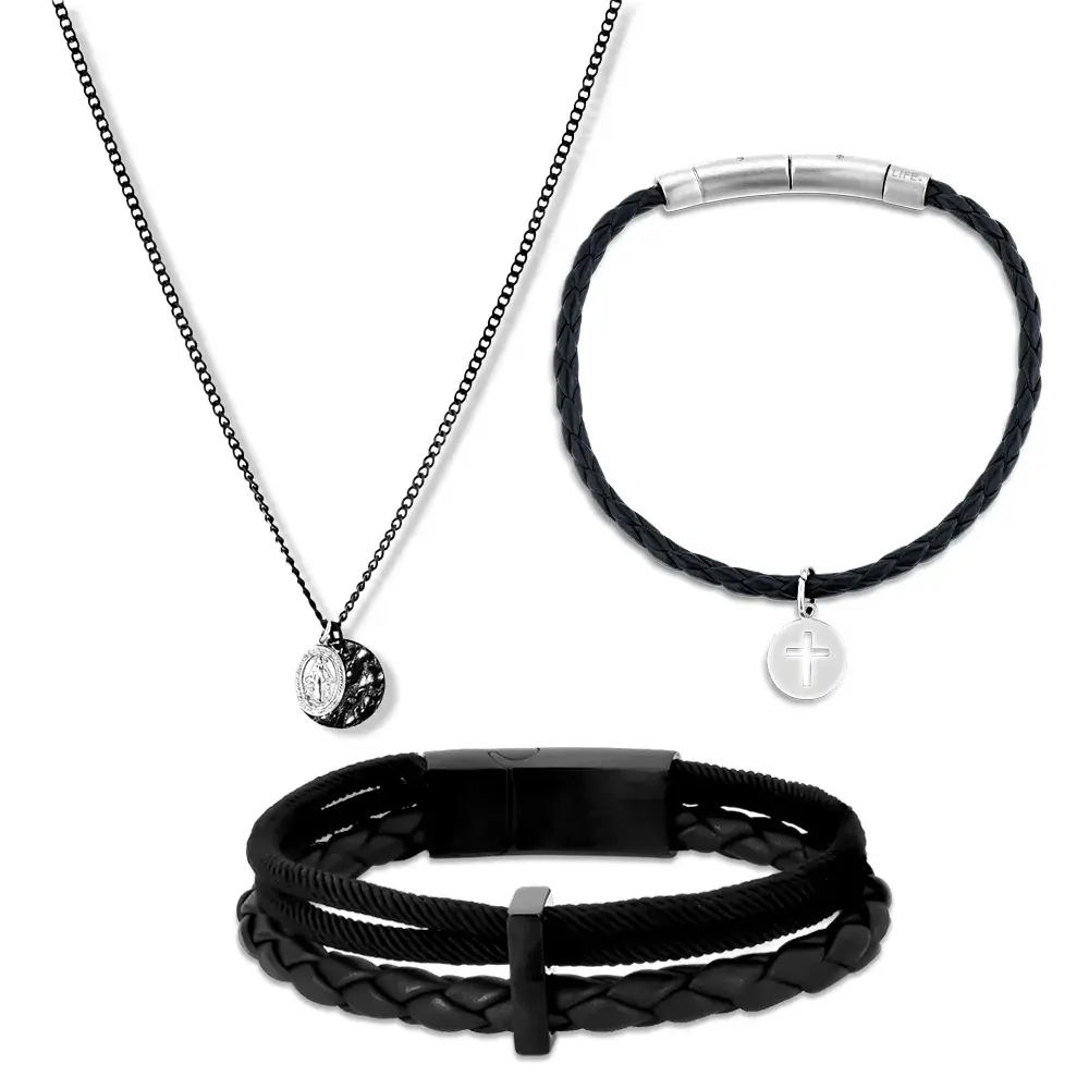 Kit Life Masculino Pulseiras Couro e Colar Medalha Maria