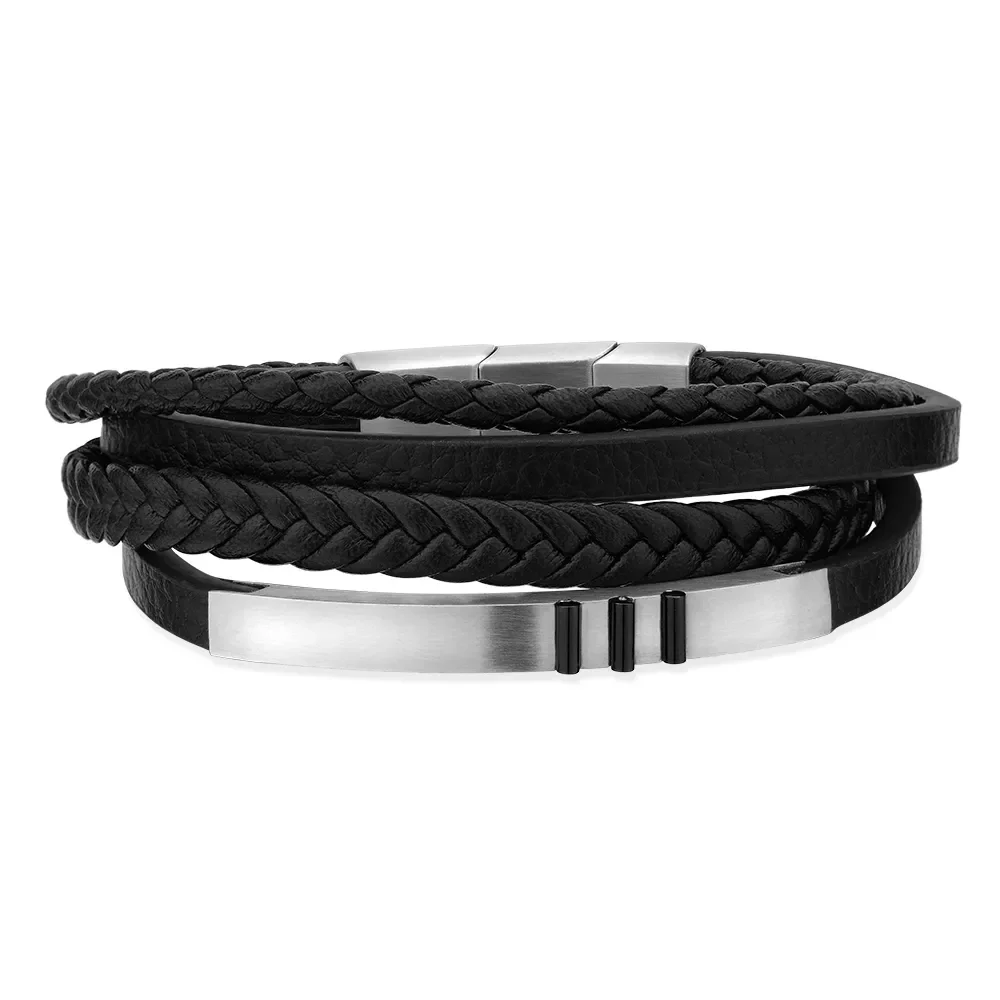 Pulseira Life em Couro VII Preto com Aço — imagem 1